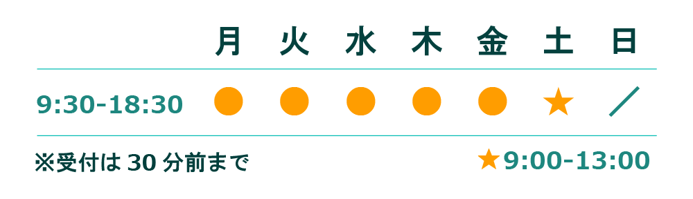 診療時間 平日9時半～18時半 土曜日9時～13時 受付30分前まで 日曜日・祝日休診